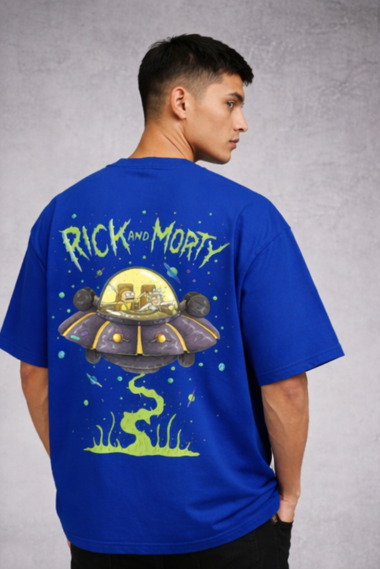 Rick and Morty Spaceship Graphic T-Shirt – Blue Oversized Streetwear Tee