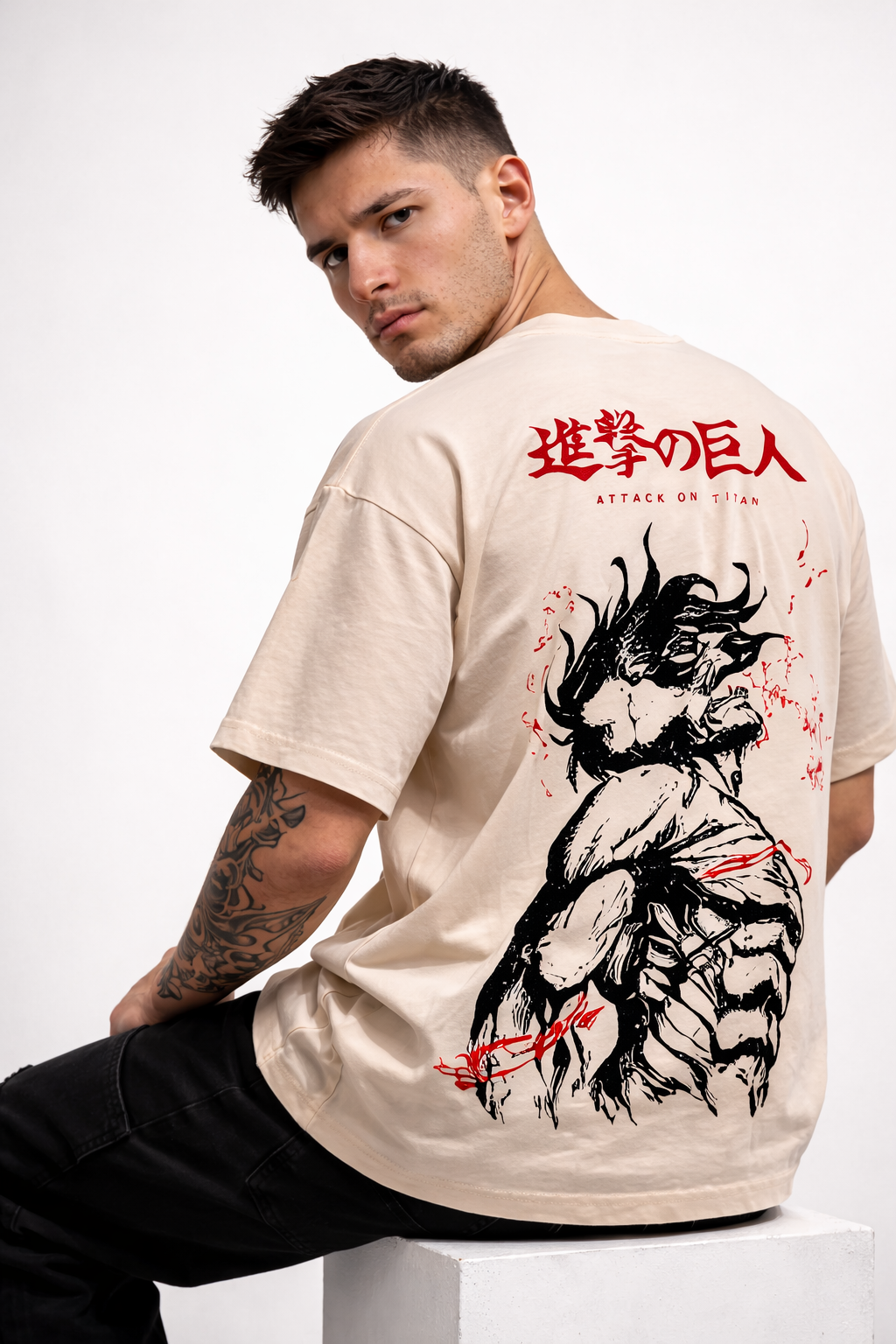 THE RITUAL “Titan Rage” Back Graphic Oversized T-Shirt – Sand Beige