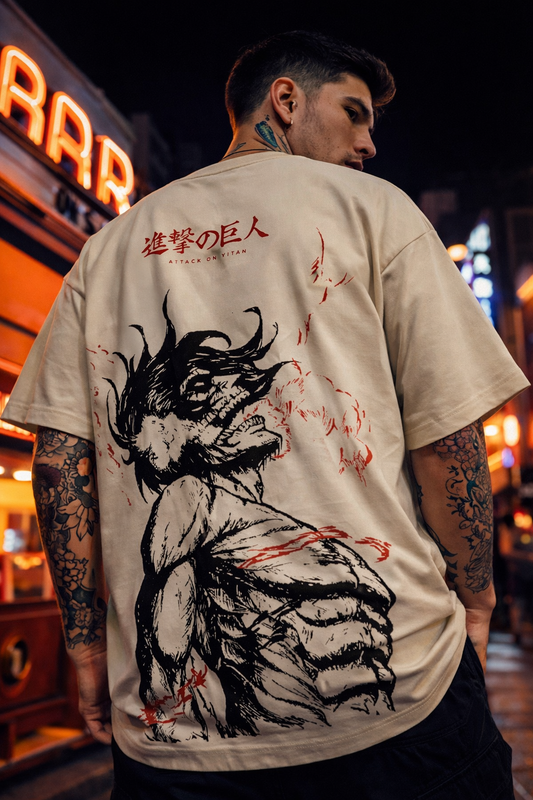 THE RITUAL “Titan Rage” Back Graphic Oversized T-Shirt – Sand Beige