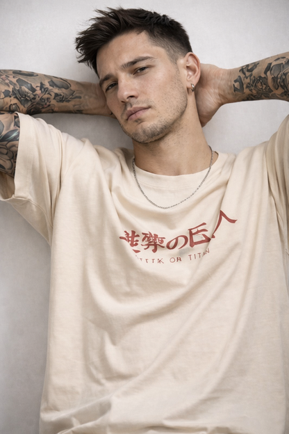 THE RITUAL “Titan Rage” Back Graphic Oversized T-Shirt – Sand Beige